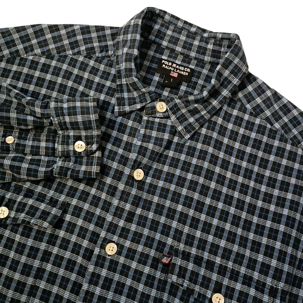 Polo Jeans Co Ralph Lauren Shirt Mens Large Blue Black Plaid Flannel Cotton Work